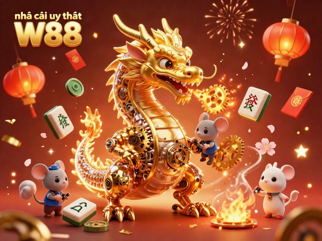 Experience the thrilling action of Nhà cái uy tín W88 with a golden dragon and magical casino elements.
