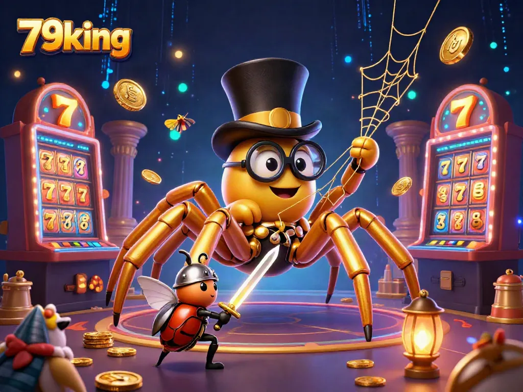 Engage with the lively 79king scene featuring a charming golden tarantula and beetle knight among excited game players.