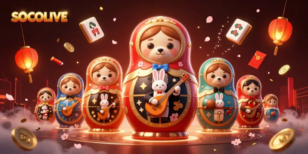 SOCOLIVE captures an exciting casino scene with vibrant 3D illustrations of animated characters enjoying games.