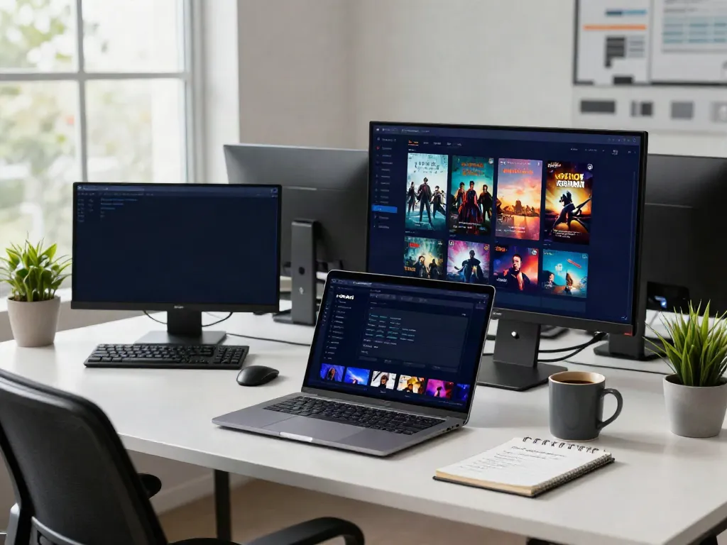 Developer at modern desk working on MovieBox Pro old version interface, showcasing a tech workspace.