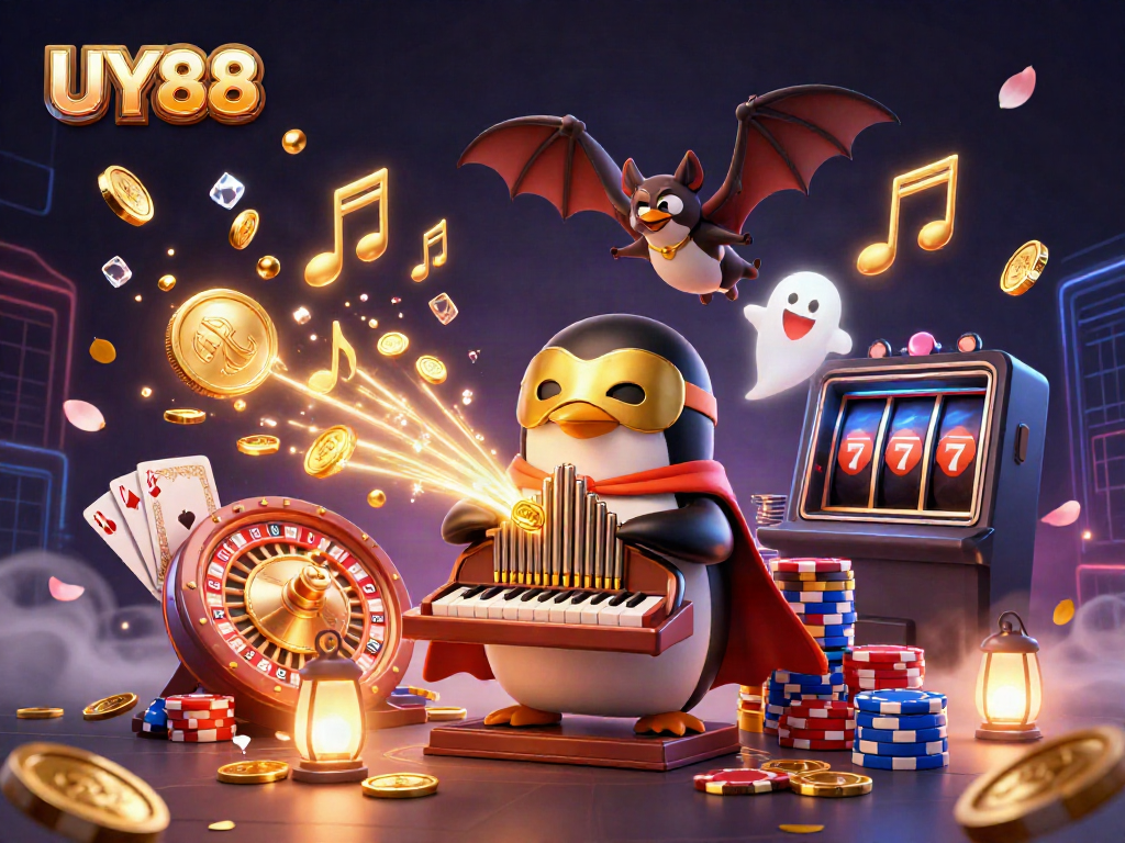 Experience UY88's vibrant casino atmosphere with a lively penguin playing an organ, golden coins bursting forth.