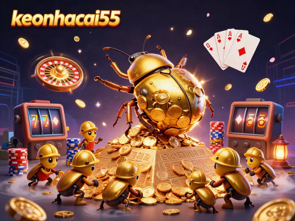 Engage with thrilling bets in the golden world of keonhacai55 featuring cartoon beetles and casino elements.