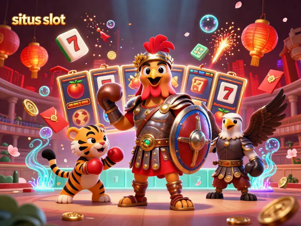 Experience the excitement of situs slot with a dynamic illustration of a gladiator rooster, tiger cub, and eagle.