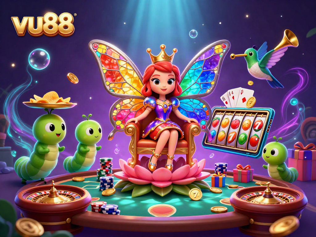 vu88 offers vibrant casino excitement with a butterfly queen, roulette tables, and slot games.