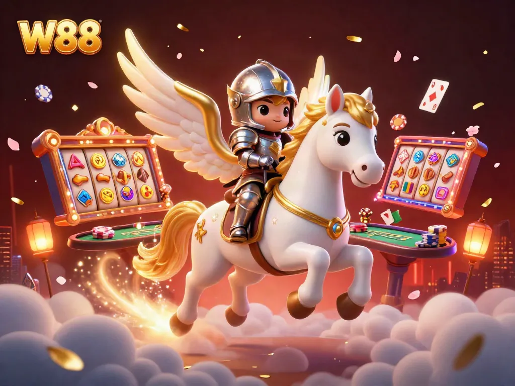 Win big at W88 with vivid 3D gaming illustration showcasing excitement and diverse casino experiences.