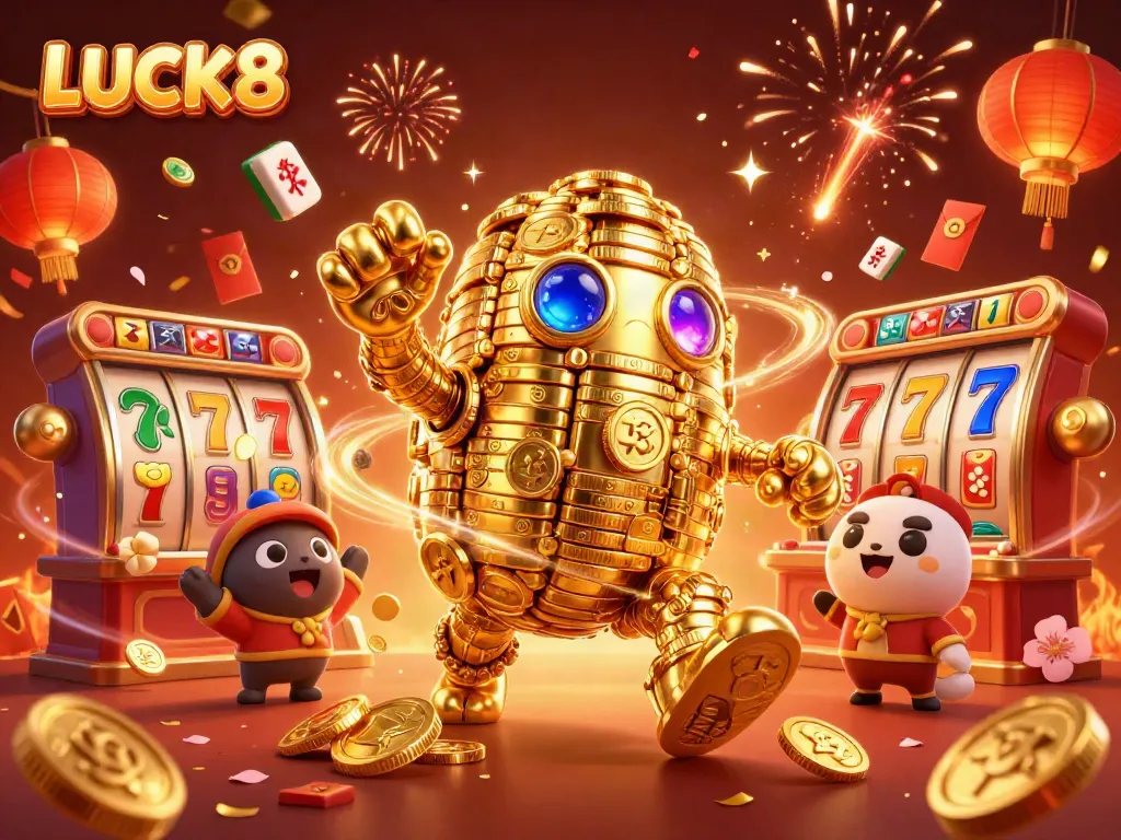 Experience thrilling jackpots with LUCK8's vibrant 3D casino game illustration featuring a golden golem.