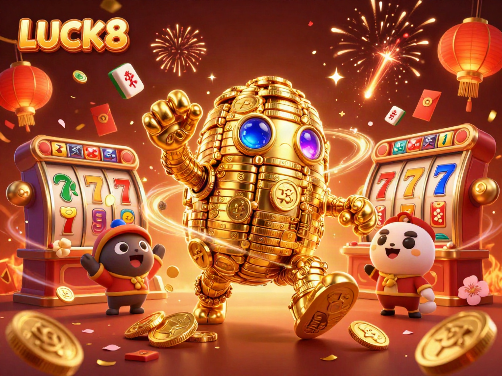 Experience thrilling jackpots with LUCK8's vibrant 3D casino game illustration featuring a golden golem.