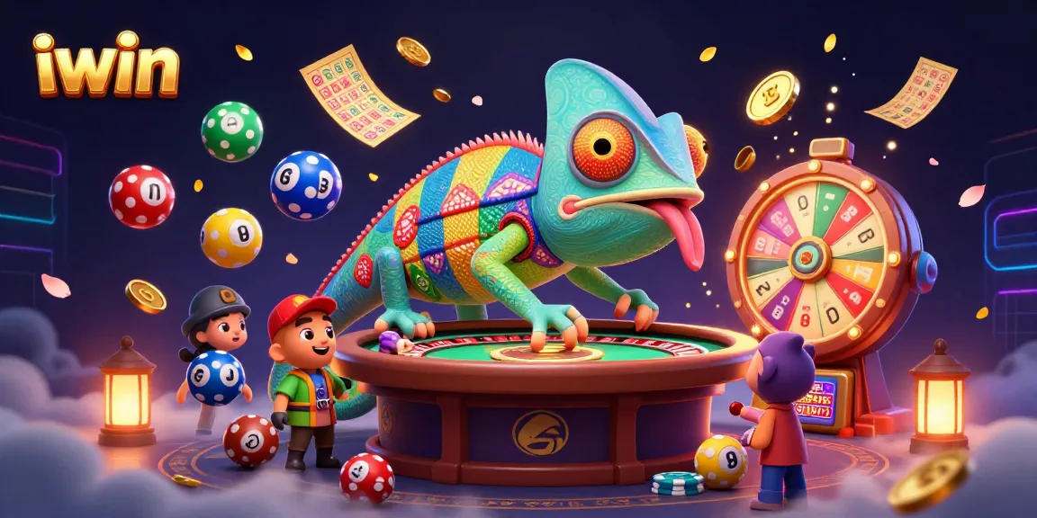 Engage in vibrant iwin gaming scenes with a dynamic chameleon casino owner and colorful lottery elements.