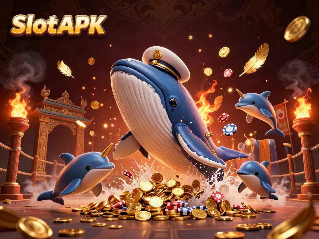 Win exciting rewards with Slot APK, featuring a cartoon whale, narwhal, and dolphins in a rich casino scene.