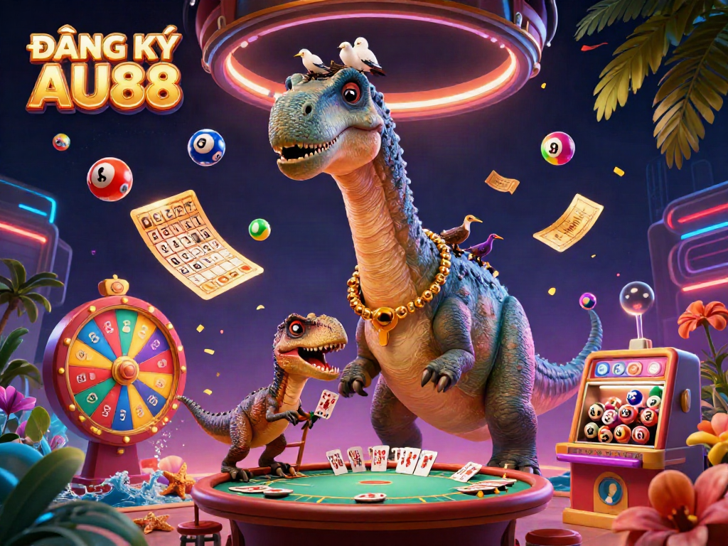 Experience the thrill of ĐĂNG KÝ AU88 with a lively 3D casino scene showcasing a playful brontosaurus and raptor dealer.