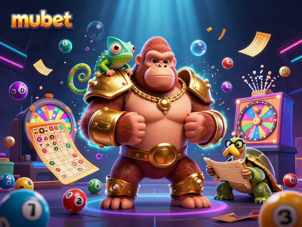 Experience the thrill of mubet with a vibrant 3D illustration of a gorilla, a chameleon, and a tortoise amidst dynamic casino elements.