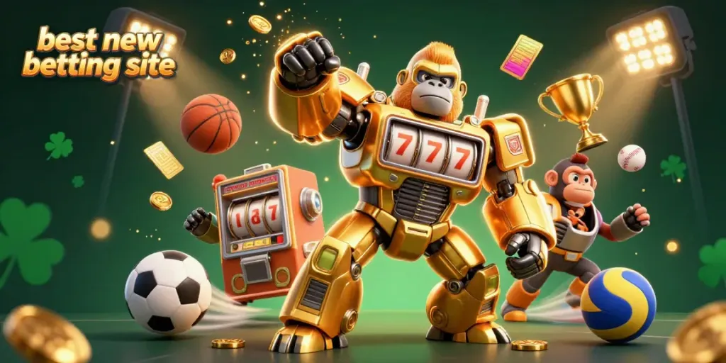 Experience dynamic action with a 3D gorilla mech among sports betting elements, featuring the best new betting site.