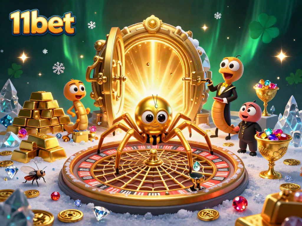 11bet engages players with thrilling bets around a golden web roulette in a 3D casino scene.