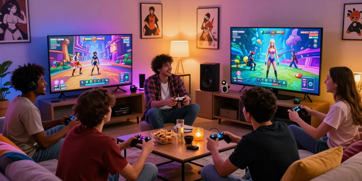 Friends enjoying game porn in a lively virtual gaming scene with colorful graphics and laughter.