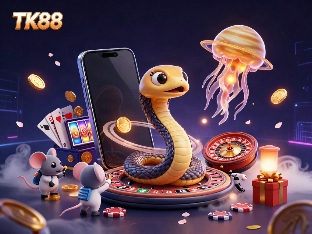 Engaging 3D scene showcasing TK88 with a creative casino theme featuring a snake roulette wheel and astronaut mice.