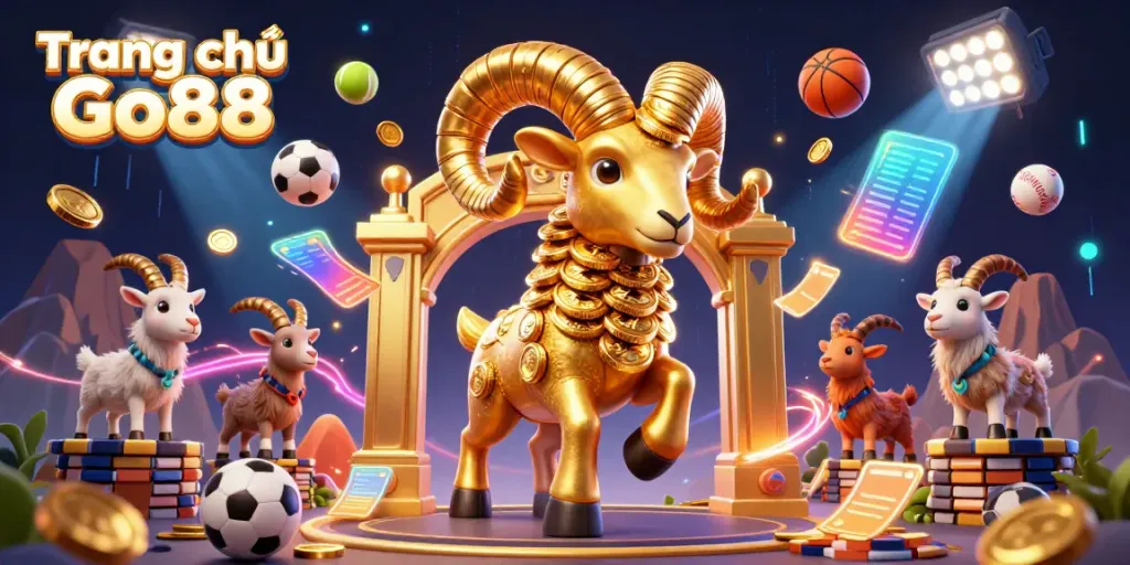 Experience the thrill of Trang chủ Go88 with a dynamic illustration featuring golden ram and sports elements.