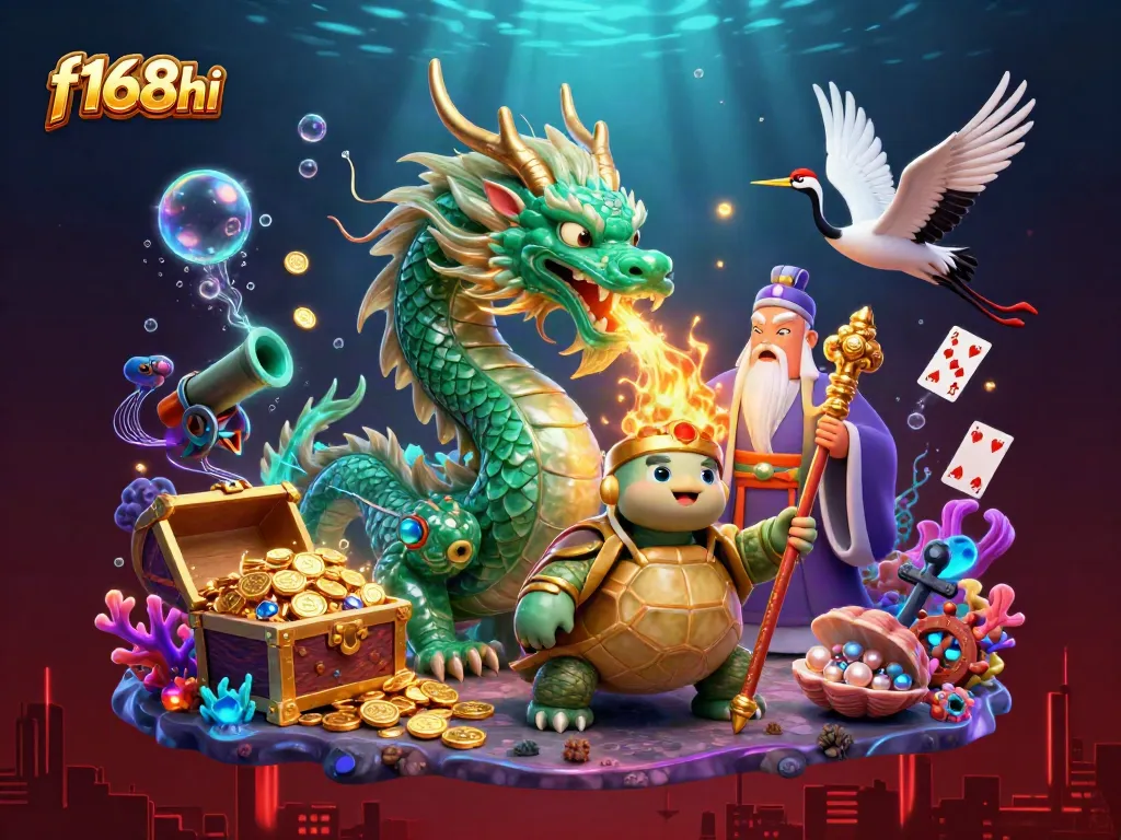 Experience the excitement of f168hi with a vibrant casino-themed illustration showcasing a jade dragon and lucky symbols.