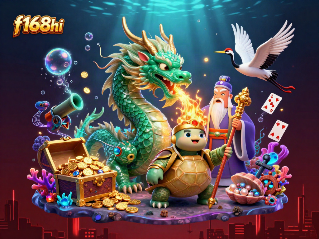 Experience the excitement of f168hi with a vibrant casino-themed illustration showcasing a jade dragon and lucky symbols.