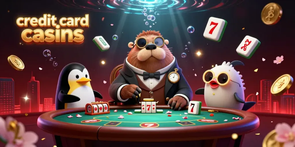 Experience exciting gameplay at credit card casinos with a walrus, penguin dealer, and pufferfish in a vibrant underwater poker scene.