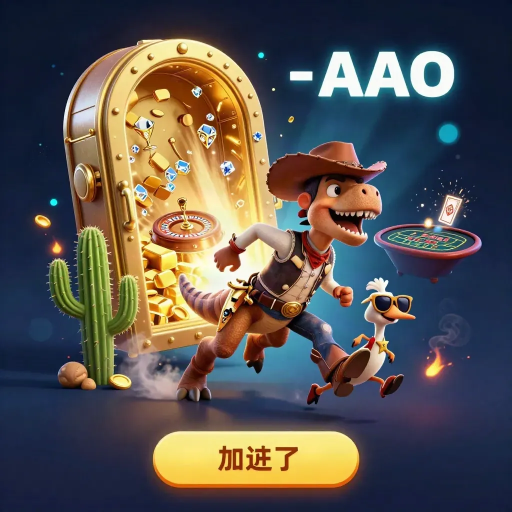 Cartoon cowboy T-Rex, cactus, and roadrunner burst amid vault gold and casino lights.