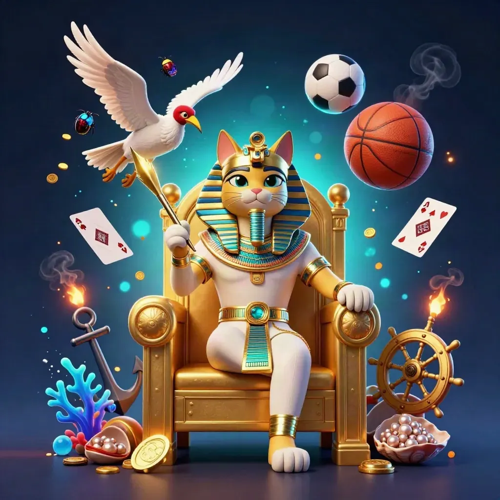Pharaoh cat, ibis, and scarabs amid flying balls, coins, and underwater treasure glow.