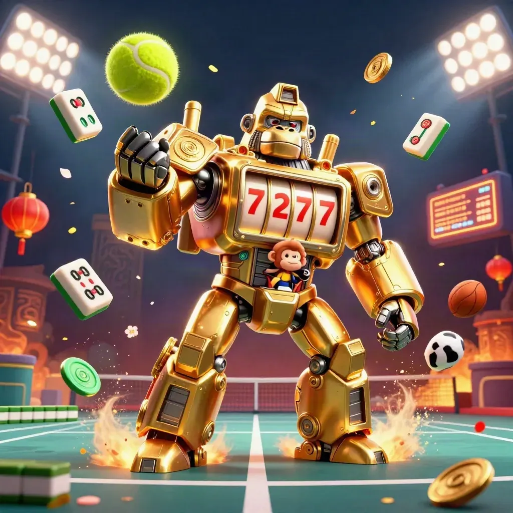 Golden gorilla mech with monkey pilot, tennis ball mid-flight, casino lights and floating game props