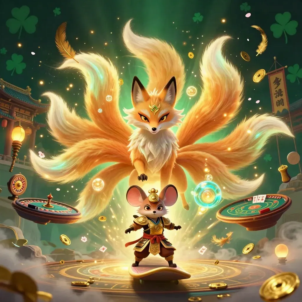 Nine-tailed fox spirit and armored mouse amid neon casino magic, gold runes, and drifting petals.