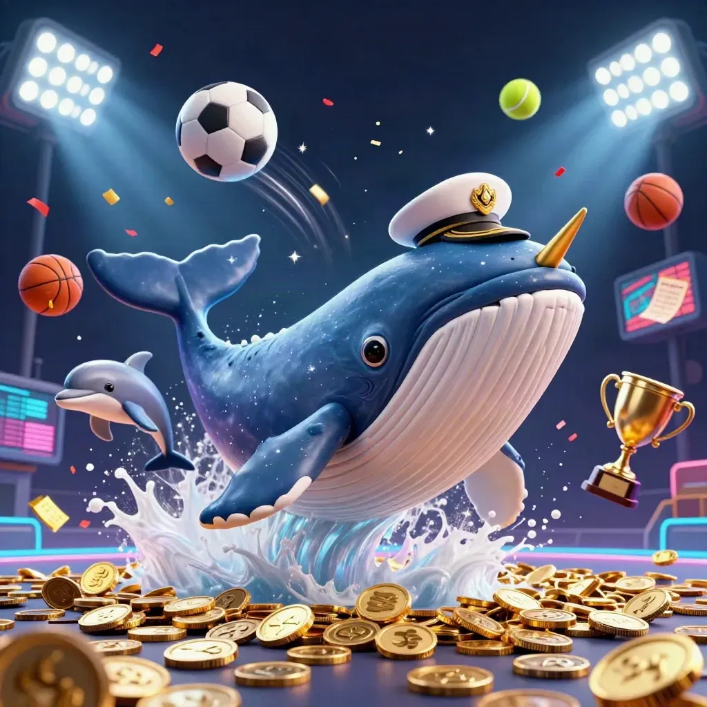 Whale, narwhal, dolphins, balls, coins, trophy, lights, and neon casino effects