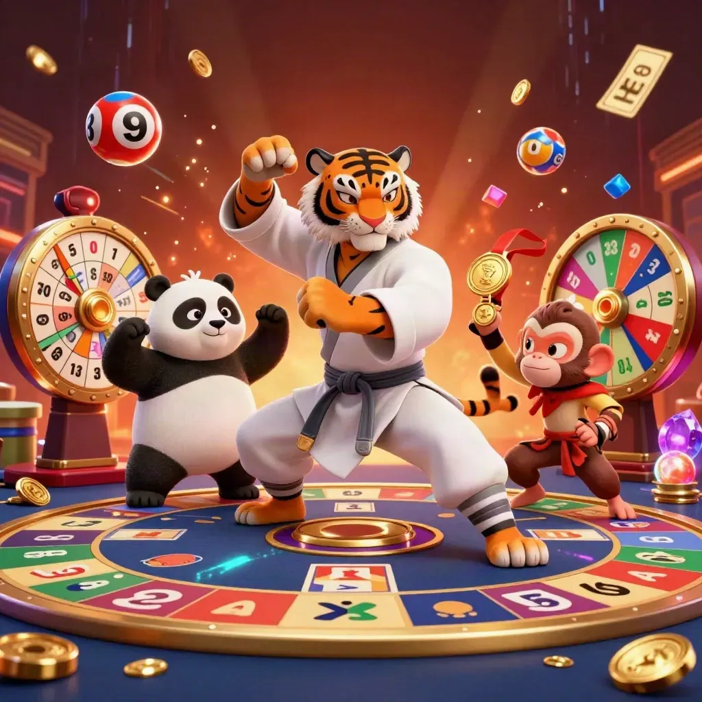 Tiger, panda, and monkey in a luxe casino scene with spinning wheel, cards, and glowing effects.