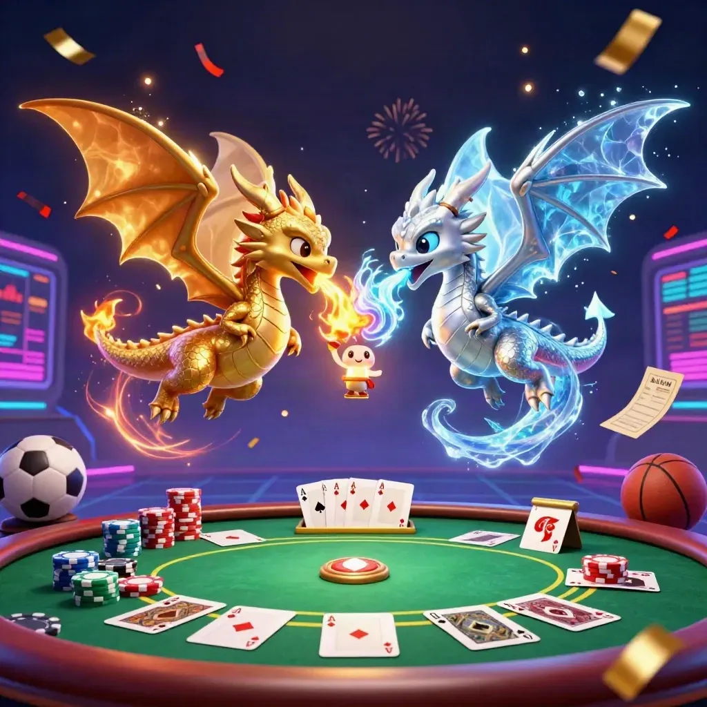 Twin gold and silver dragons amid chips, cards, balls, fireworks, and neon casino energy.