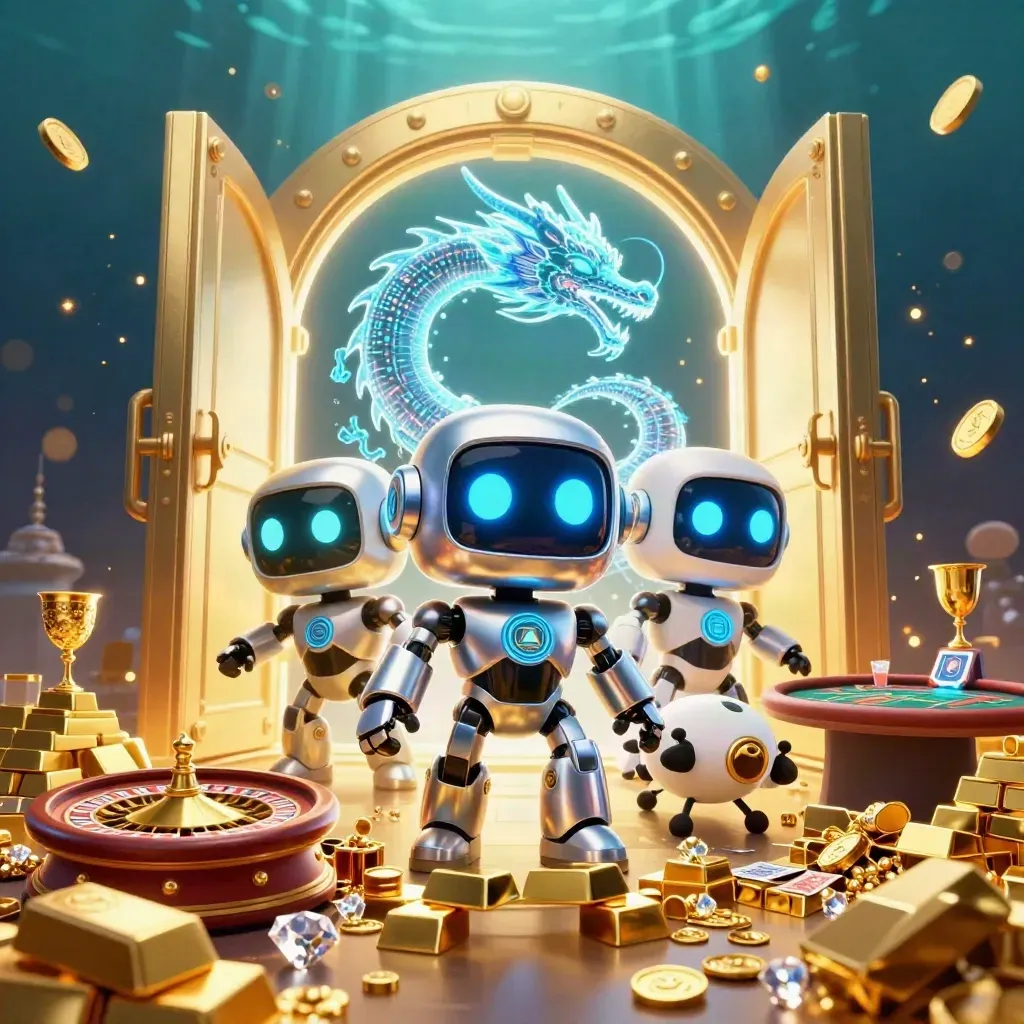 Robot mascot, holographic dragon, and drone in a luxe casino vault with gold, gems, and glowing light