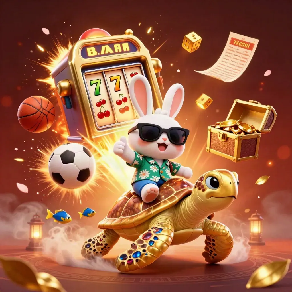 Lucky rabbit on golden turtle amid casino bursts, sports balls, embers, and gold.