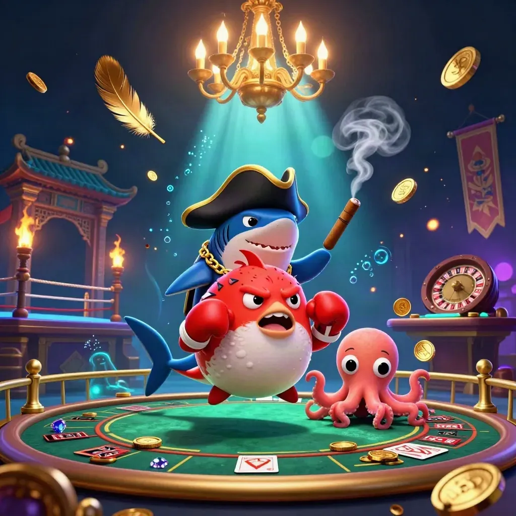 Pirate shark, boxing pufferfish, and juggling octopus amid casino relics and neon underwater glow.