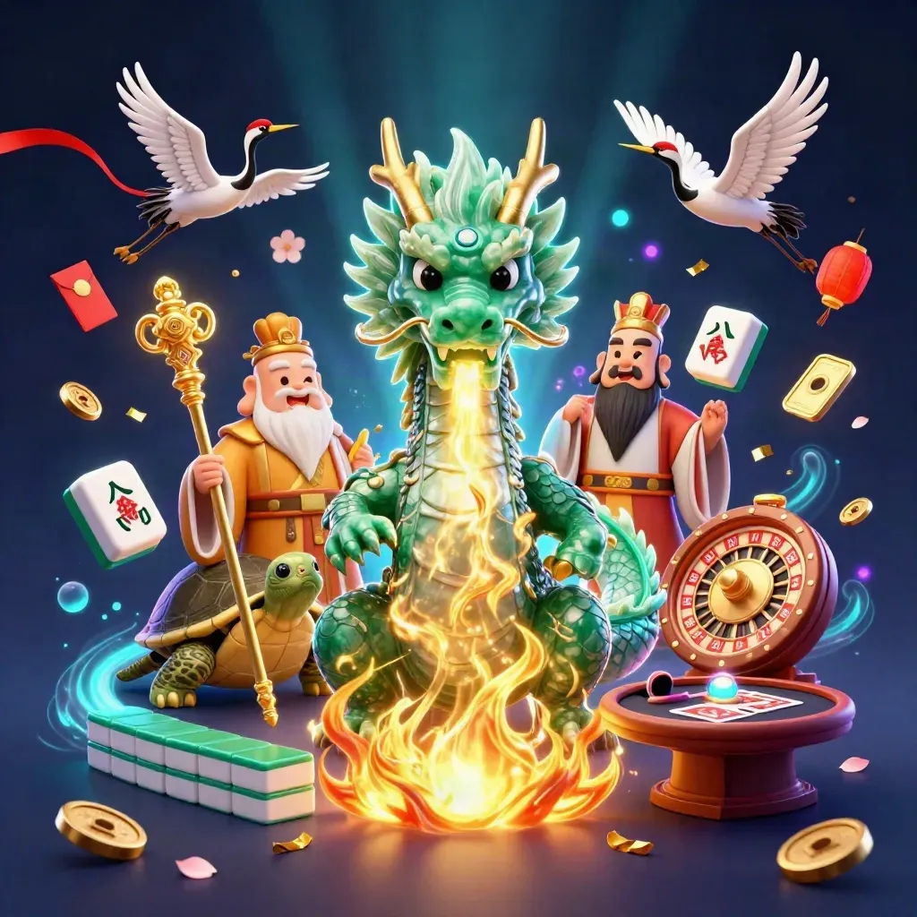 Jade dragon, turtle sage, and cranes amid casino gold, lanterns, coins, and neon glow.