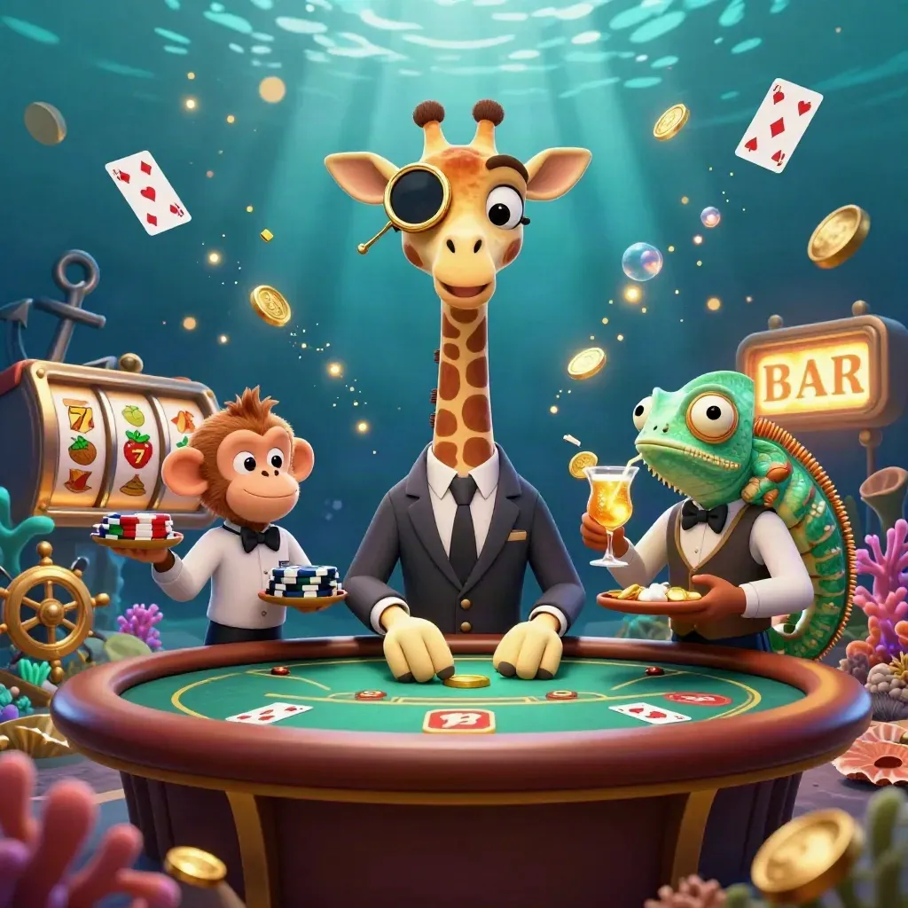 High-roller giraffe, monkey valet, and chameleon bartender in an underwater gold-coin casino scene.