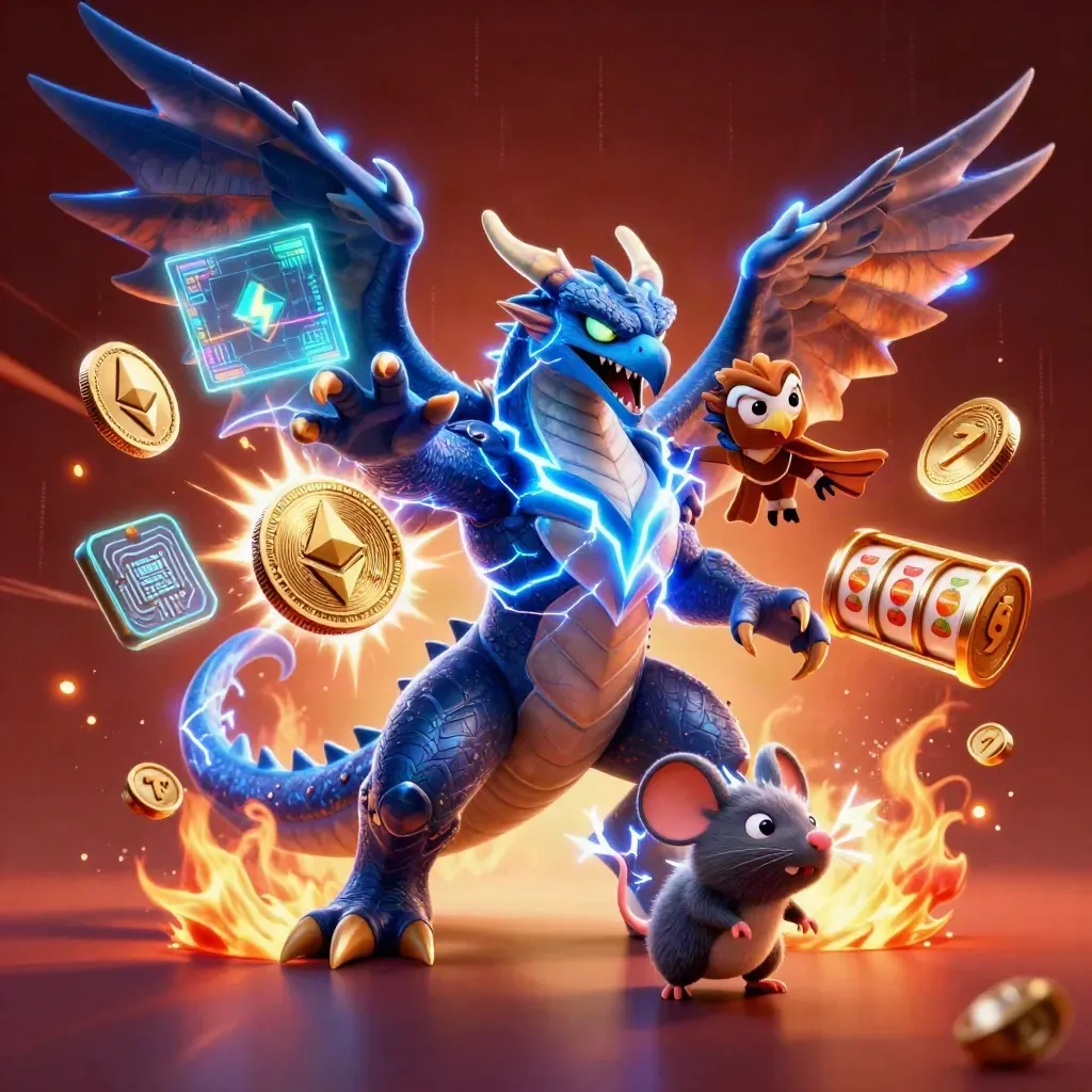 Thunder dragon, wind hawk, and static mouse burst amid crypto coins, lightning, and casino glow.