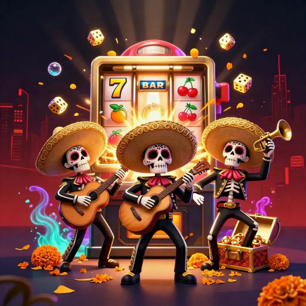 Skeleton mariachi trio amid exploding jackpot machine, gold dice, cherries, and treasure glow.