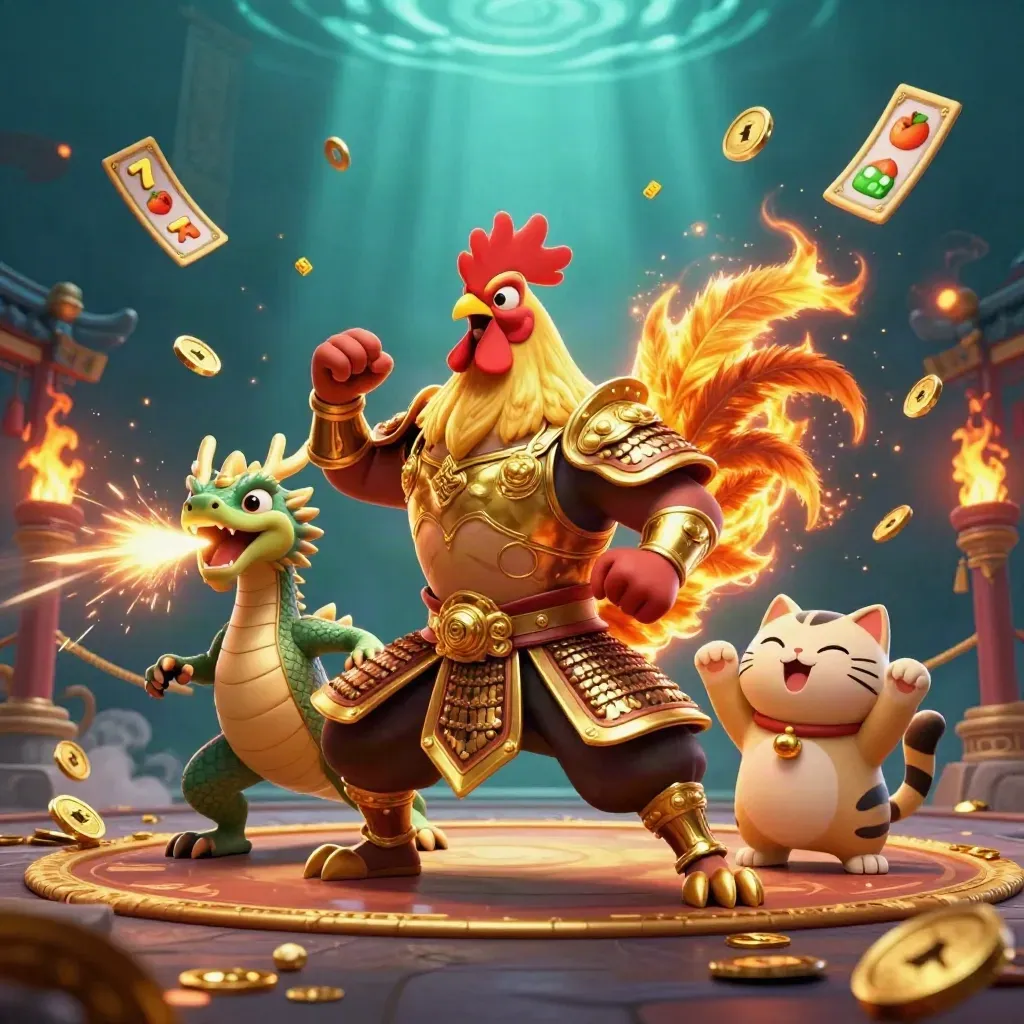 Rooster warrior, dragon hatchling, and fortune cat amid gold coins, embers, and a temple gate.