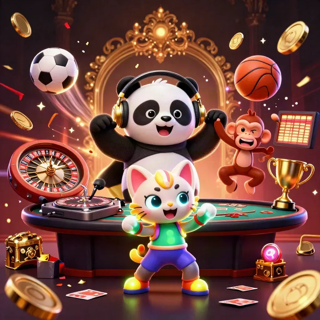 Panda DJ, dancing monkey, and rave kitten amid coins, fireworks, and casino treasure.