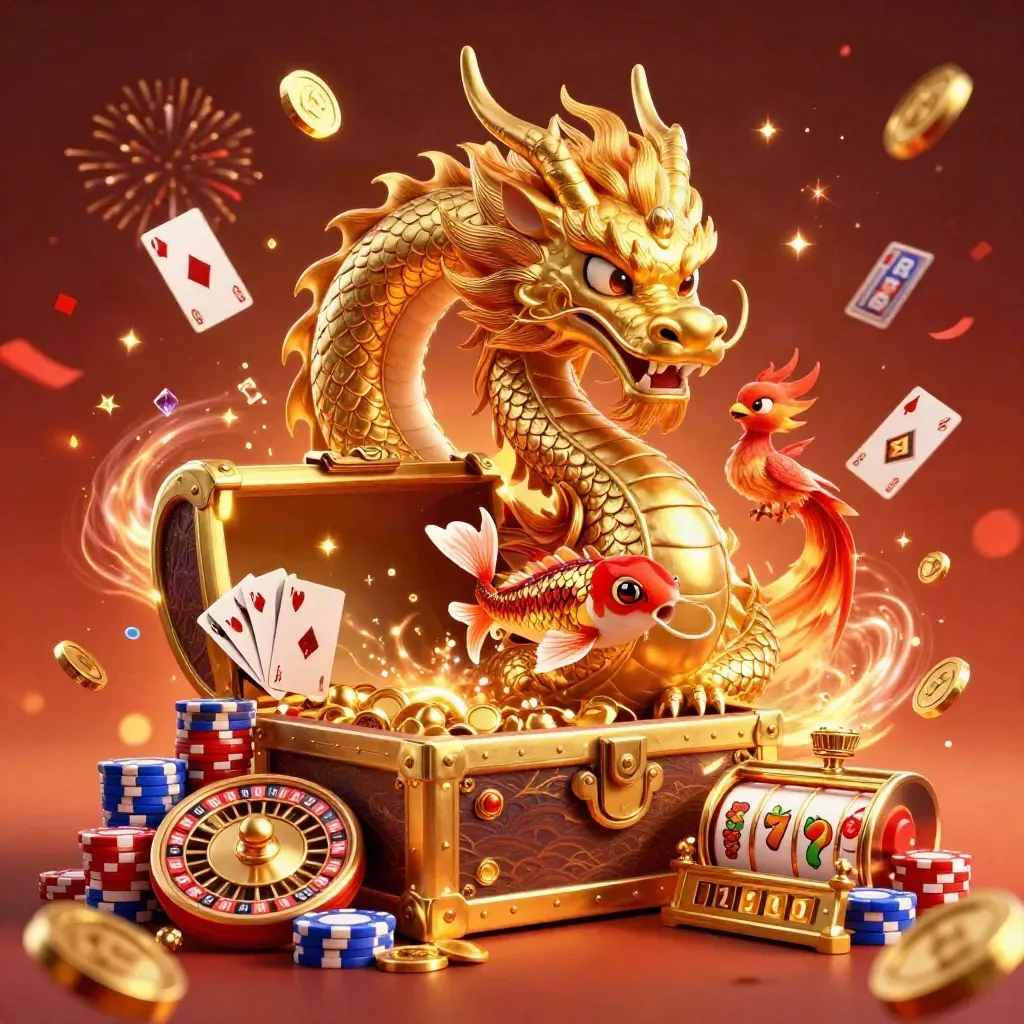 Golden dragon, phoenix, koi, and casino treasures erupting in a fiery neon splash screen.