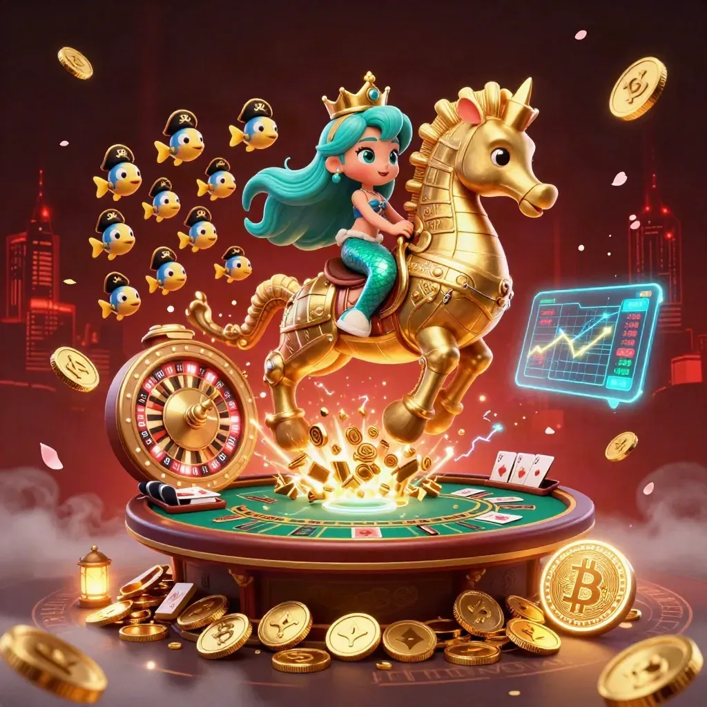 Mermaid princess on armored seahorse amid coins, crypto tokens, roulette, cards, and fireworks.