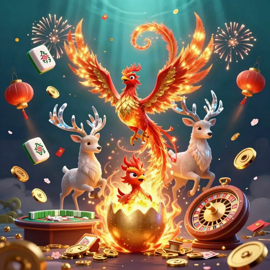 Phoenix, baby phoenix, and crystal-antler stag amid casino treasure burst