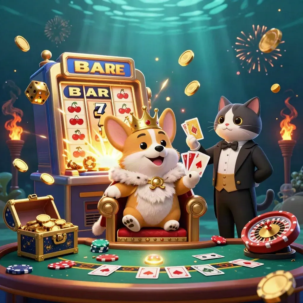 Royal corgi and cat butler amid exploding slots, gold coins, dice, and jackpot lights.