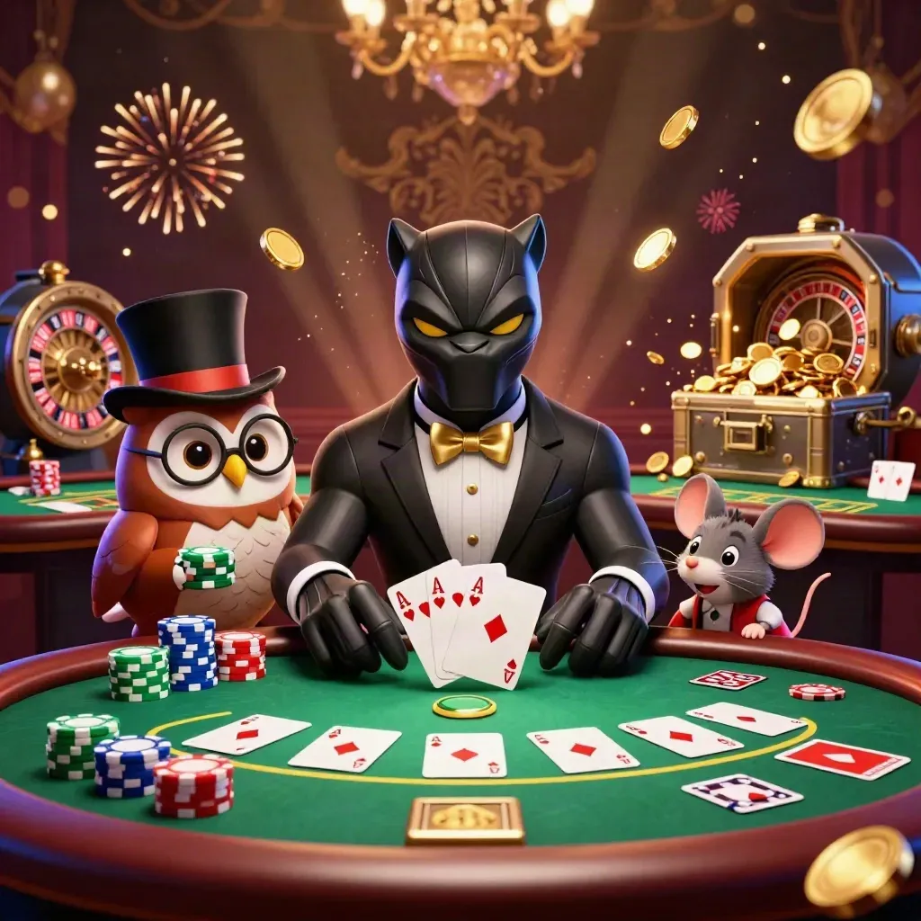 Panther, owl, and mouse celebrate amid chips, cards, gold coins, fireworks, and a vault burst.
