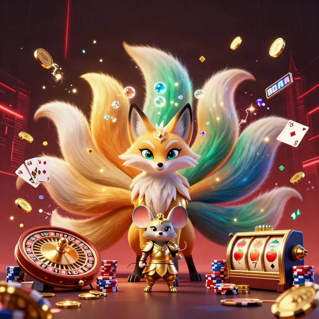 Nine-tailed fox spirit and armored mouse amid coins, chips, reels, and casino glow.