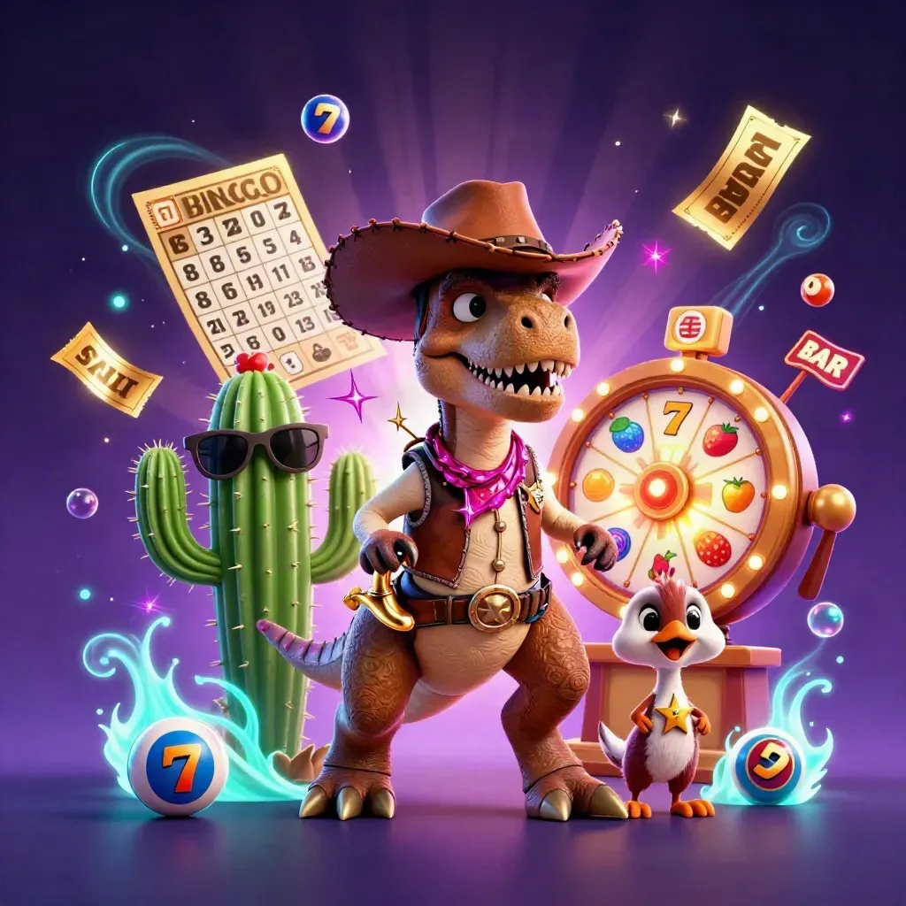 3D cowboy T-Rex trio with casino bursts, stars, and neon glow on a dark background