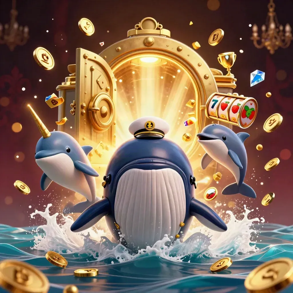 Captain whale, narwhal, and dolphins burst from coins amid gold casino lights.
