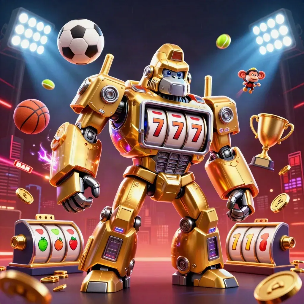 Golden gorilla slot mech with monkey pilot, sports balls, coins, trophy, and neon casino effects.