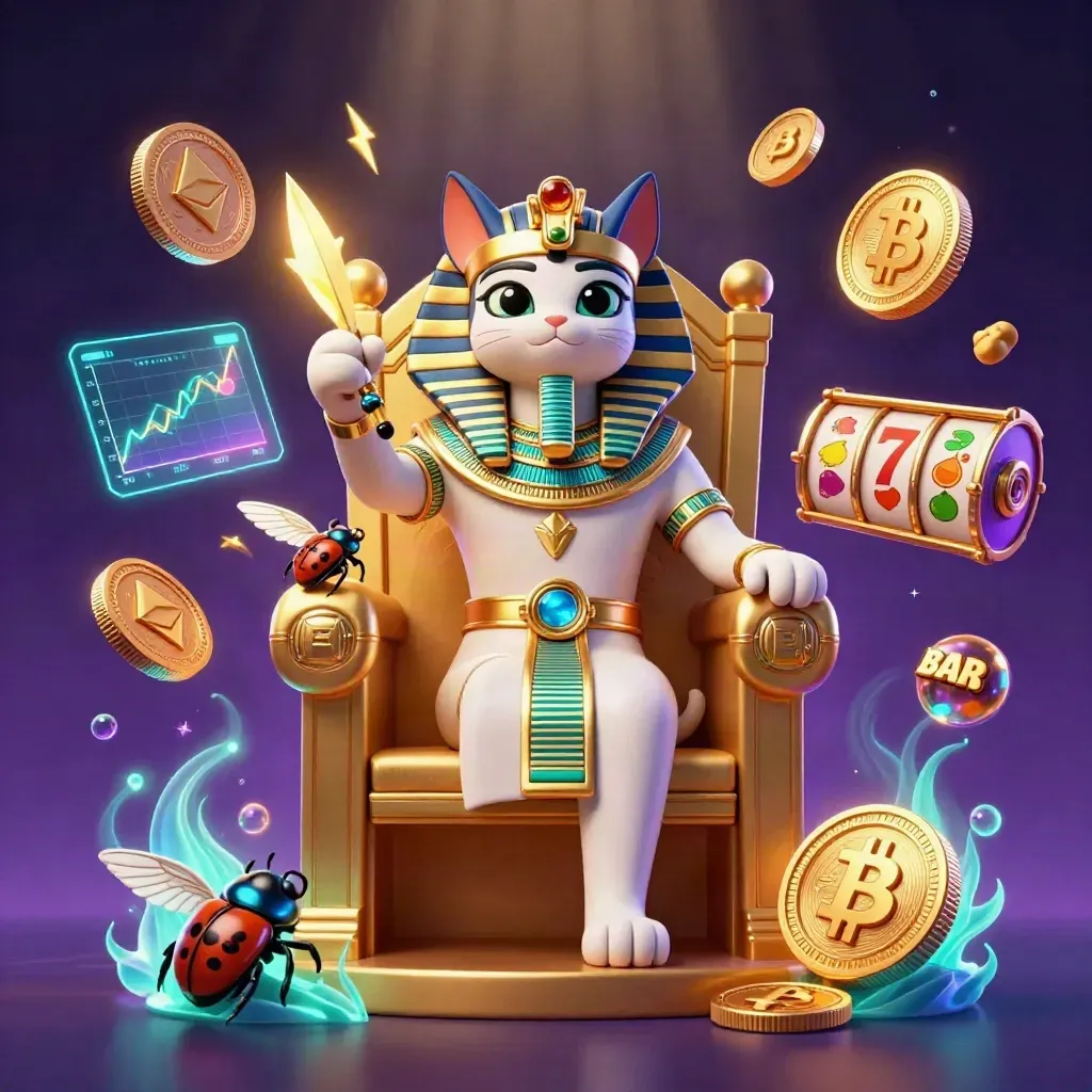 Pharaoh cat throne scene with ibis scribe, scarabs, coins, and neon casino magic.
