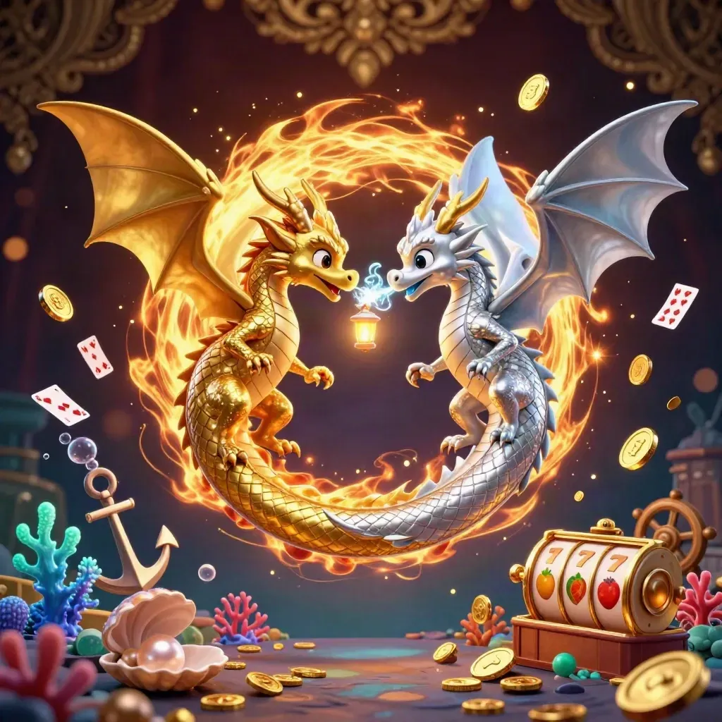Gold and silver dragons spiral with fire and ice over treasure, coral, and a tiny lantern spirit.